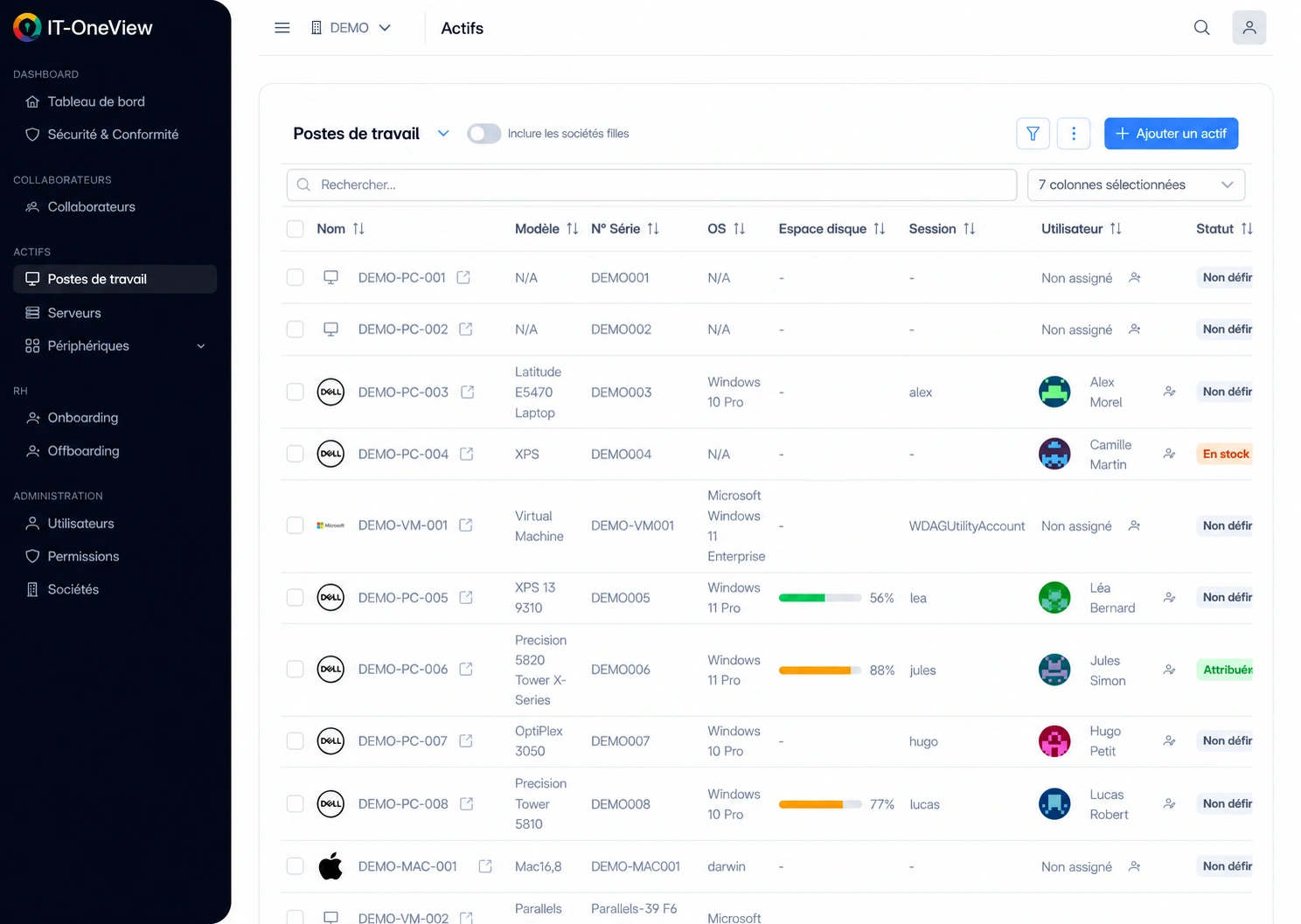 Liste des postes de travail dans IT-OneView, avec système, utilisateur et état de chaque poste
